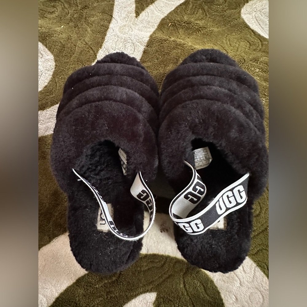 UGG Fluff Yeah Genuine Shearling Platform Slingback Sandal Slide Black Women 8 - Picture 3 of 11